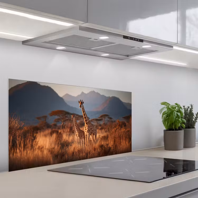 Giraffen - Hoog gras - Acaciabomen keuken achterwand spatscherm middel -3d_schuin