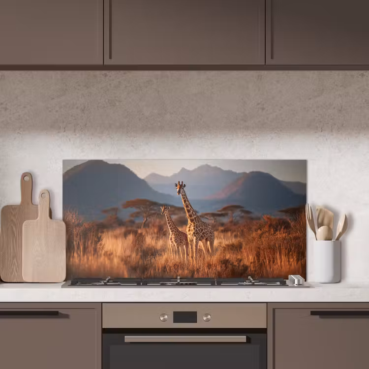 Giraffen - Hoog gras - Acaciabomen keuken achterwand spatscherm middel -sfeer2