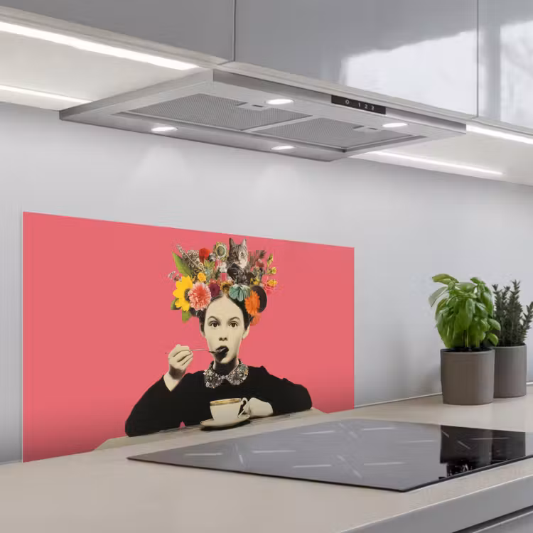 Meisje - Kopje - Bloemen - Roze keuken achterwand spatscherm middel -3d_schuin