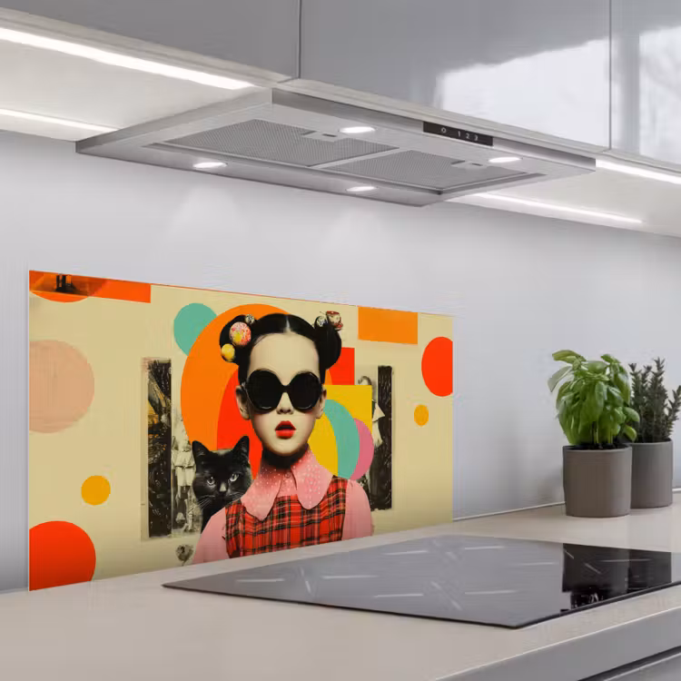 Meisje - Zonnebril - Kat - Retro keuken achterwand spatscherm middel -3d_schuin