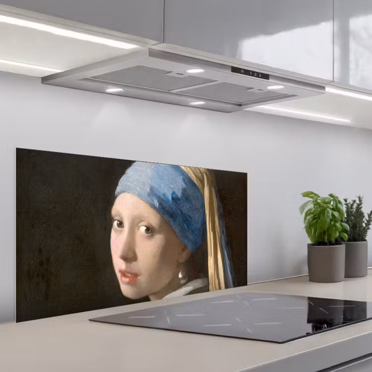 Meisje met de Parel - Schilderij van Johannes Vermeer keuken achterwand spatscherm middel -3d_schuin