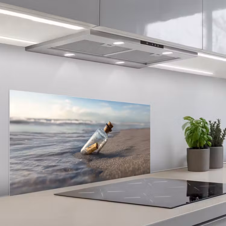 Glazenfles - Post - Zee - Zand keuken achterwand spatscherm middel -3d_schuin