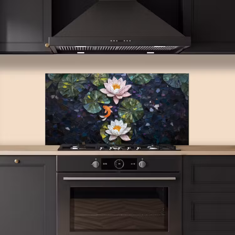 Glasstukjes - Leliebladeren - Vis - Oranje keuken achterwand spatscherm middel -sfeer1