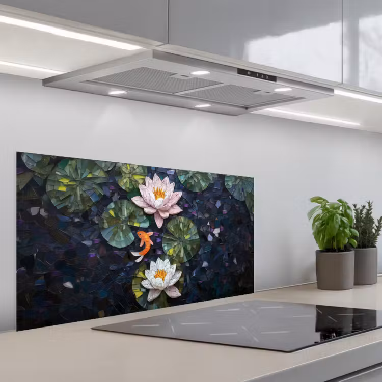 Glasstukjes - Leliebladeren - Vis - Oranje keuken achterwand spatscherm middel -3d_schuin