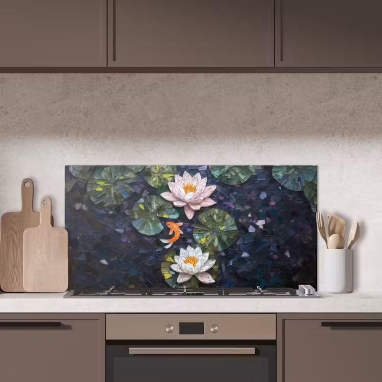 Glasstukjes - Leliebladeren - Vis - Oranje keuken achterwand spatscherm middel -sfeer2