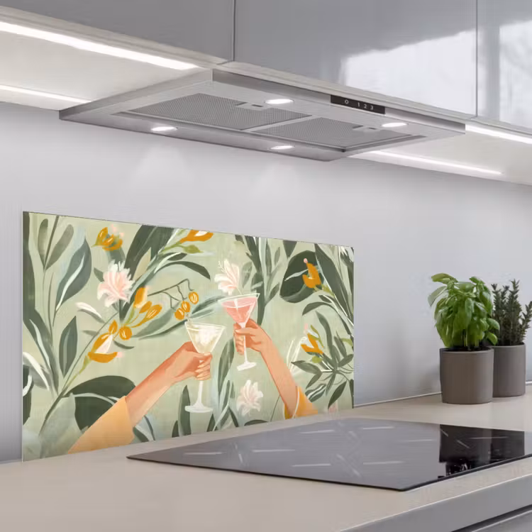 Glazen - Proosten - Bladeren - Groen keuken achterwand spatscherm middel -3d_schuin