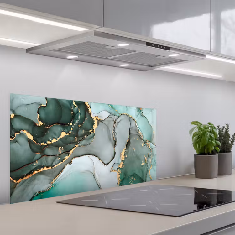 Goud - Marmer - Groen - Luxe - Marmerlook - Grijs keuken achterwand spatscherm middel -3d_schuin
