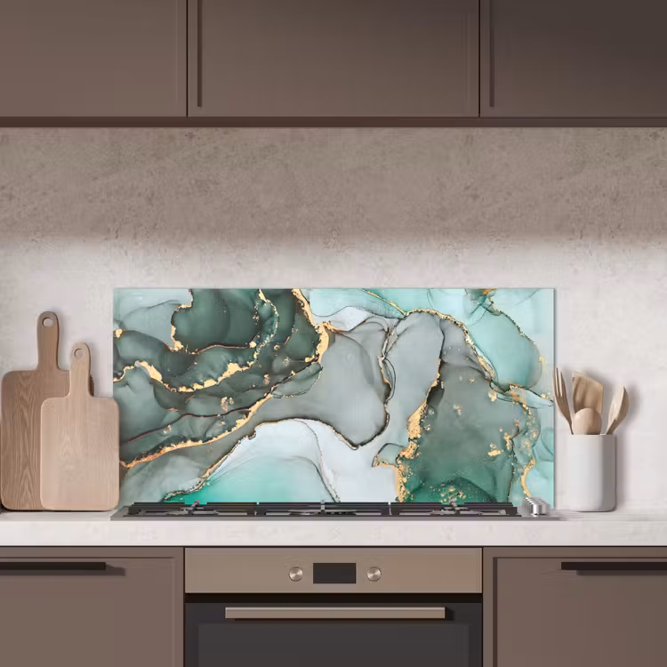 Goud - Marmer - Groen - Luxe - Marmerlook - Grijs keuken achterwand spatscherm middel -sfeer2