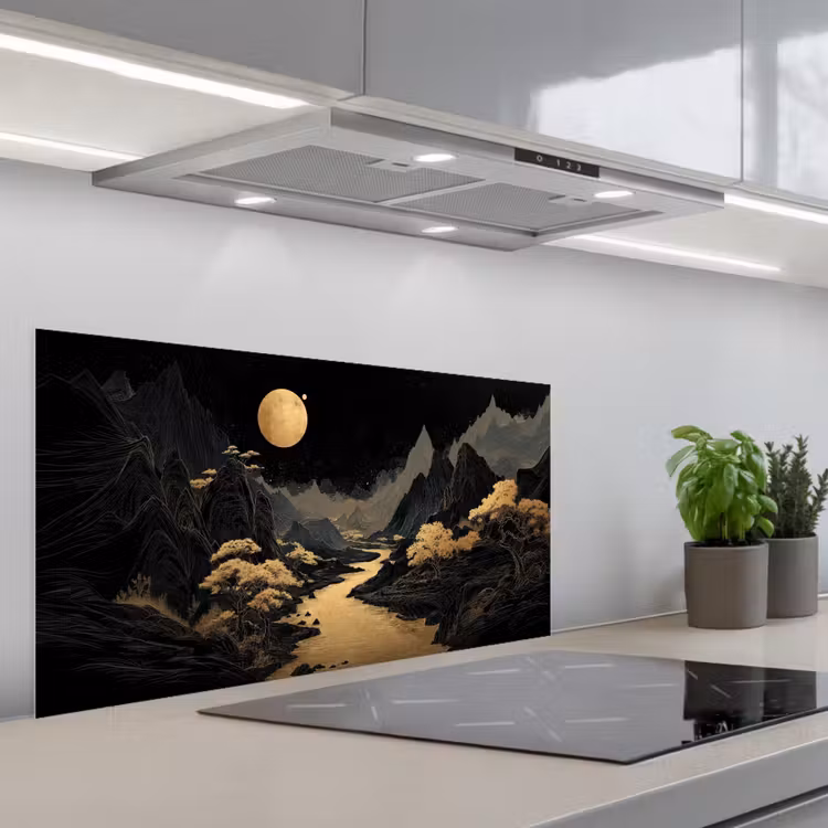 Gouden rivier - Bergen - Maan - Sterrenhemel keuken achterwand spatscherm middel -3d_schuin