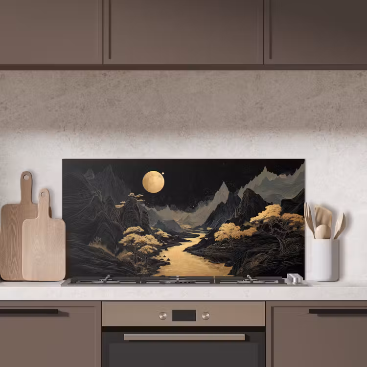 Gouden rivier - Bergen - Maan - Sterrenhemel keuken achterwand spatscherm middel -sfeer2
