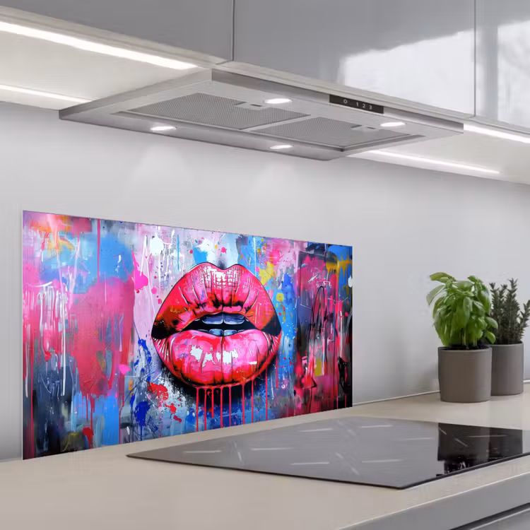 Graffiti - Lippen - Felroze - Geschilderd keuken achterwand spatscherm middel -3d_schuin