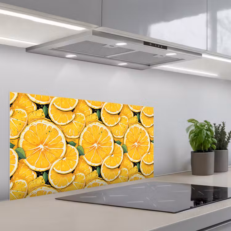 Grafisch - Citroenschijven - Blaadjes keuken achterwand spatscherm middel 899 -3d_schuin