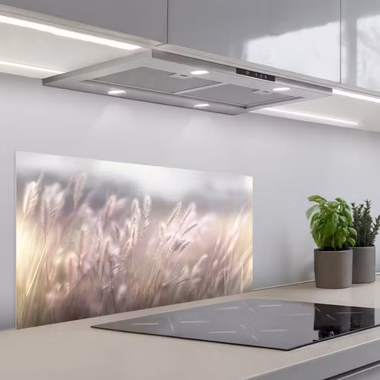Graspluimen - Wind - Beige - Mistig keuken achterwand spatscherm middel -3d_schuin