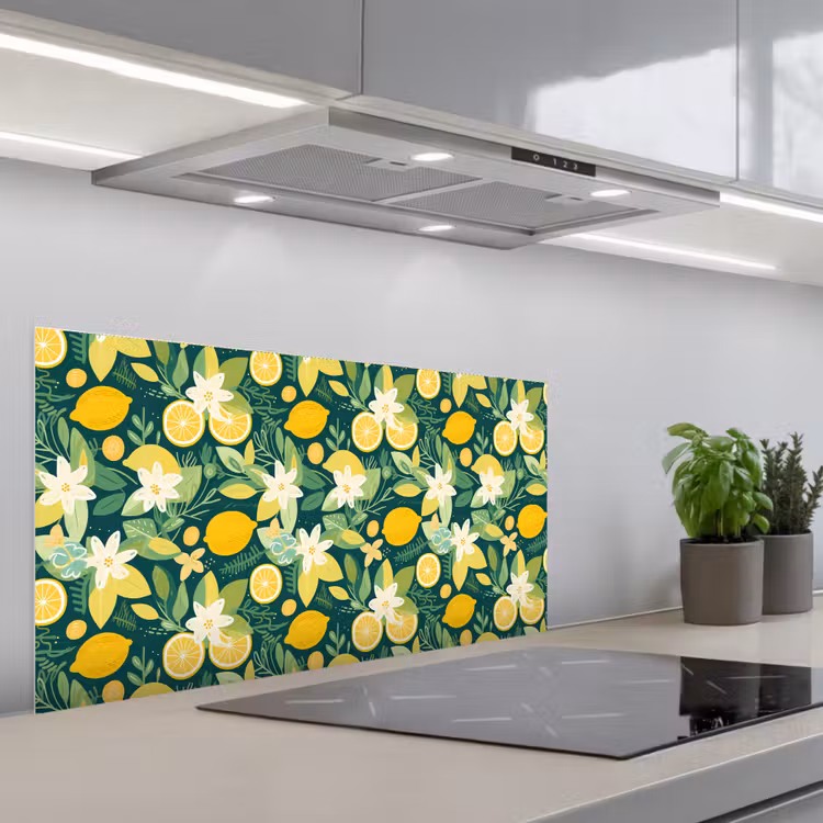 Groen - Bloemen - Citroenpartjes keuken achterwand spatscherm middel 899 -3d_schuin