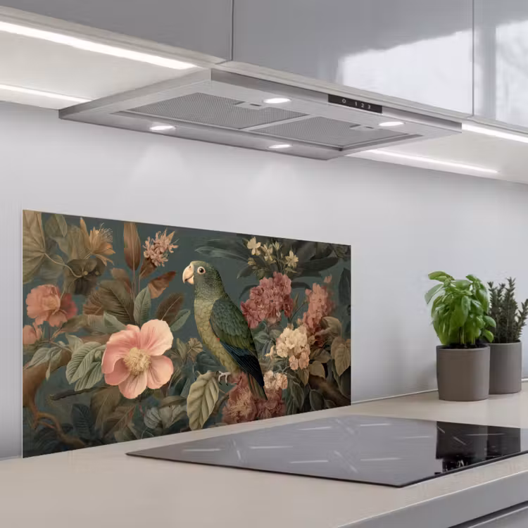 Groene papegaai - Kleurrijke bloemen - Donkere achtergrond keuken achterwand spatscherm middel -3d_schuin