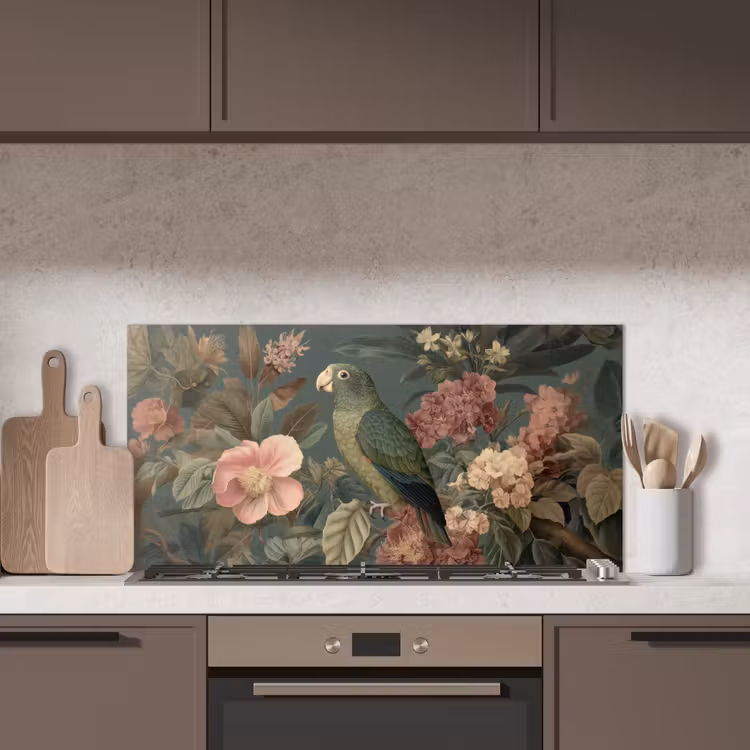 Groene papegaai - Kleurrijke bloemen - Donkere achtergrond keuken achterwand spatscherm middel -sfeer2