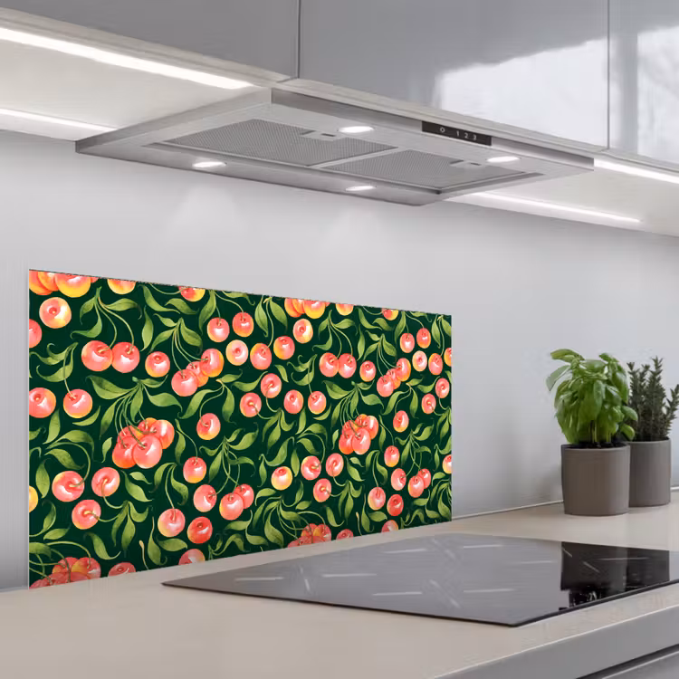 Groen - Rood - Kersen - Bladeren keuken achterwand spatscherm middel 899 -3d_schuin