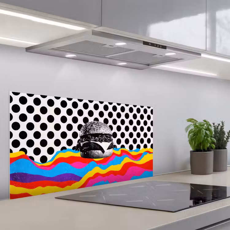 Hamburger - Stippen - Golven - Kleuren keuken achterwand spatscherm middel -3d_schuin