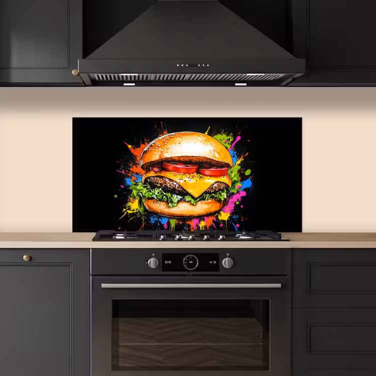 Hamburger - Graffiti - Verf - Kleurrijk - Eten - Abstract keuken achterwand spatscherm middel -sfeer1