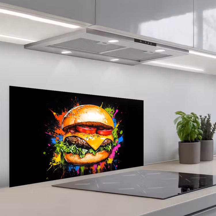 Hamburger - Graffiti - Verf - Kleurrijk - Eten - Abstract keuken achterwand spatscherm middel -3d_schuin