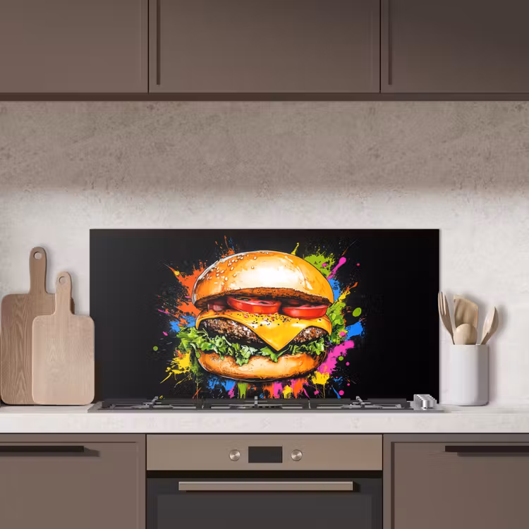 Hamburger - Graffiti - Verf - Kleurrijk - Eten - Abstract keuken achterwand spatscherm middel -sfeer2