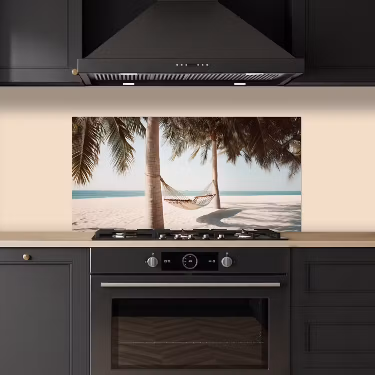 Hangmat - Palmbomen - Strand - Zee keuken achterwand spatscherm middel -sfeer1
