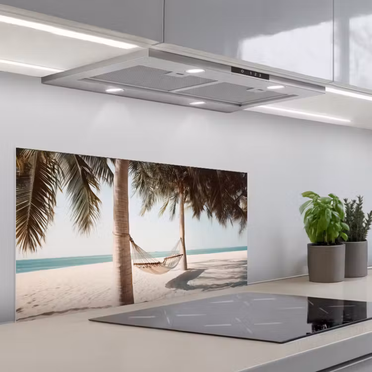 Hangmat - Palmbomen - Strand - Zee keuken achterwand spatscherm middel -3d_schuin