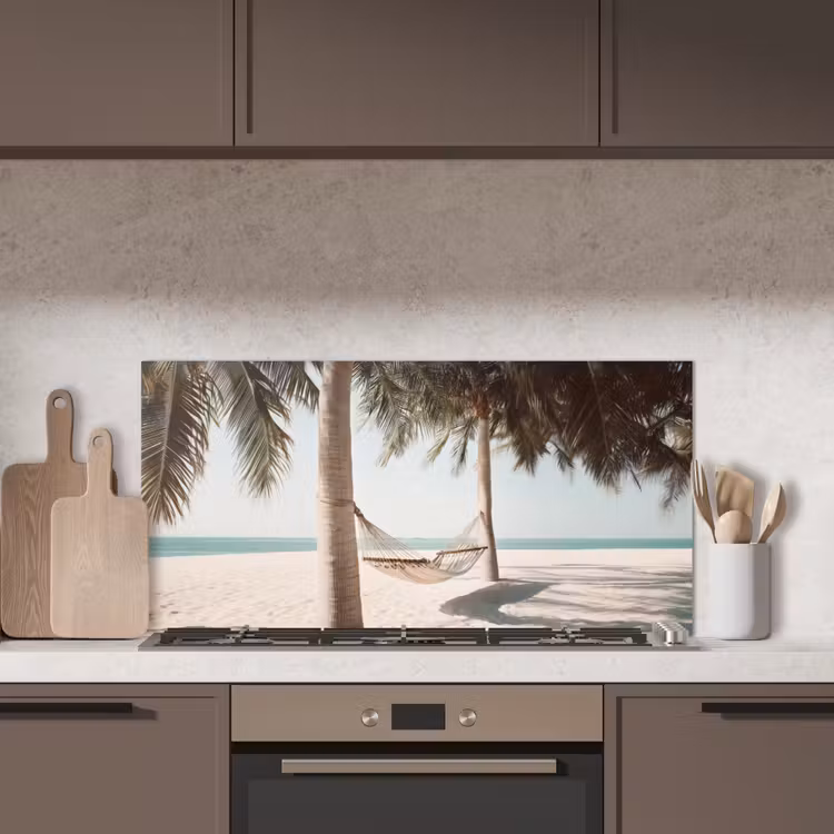 Hangmat - Palmbomen - Strand - Zee keuken achterwand spatscherm middel -sfeer2