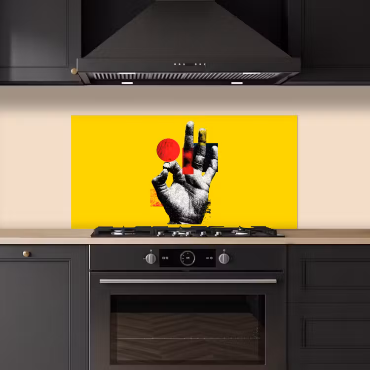 Hand - Rode cirkel - Geel keuken achterwand spatscherm middel -sfeer1