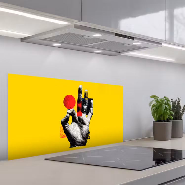 Hand - Rode cirkel - Geel keuken achterwand spatscherm middel -3d_schuin