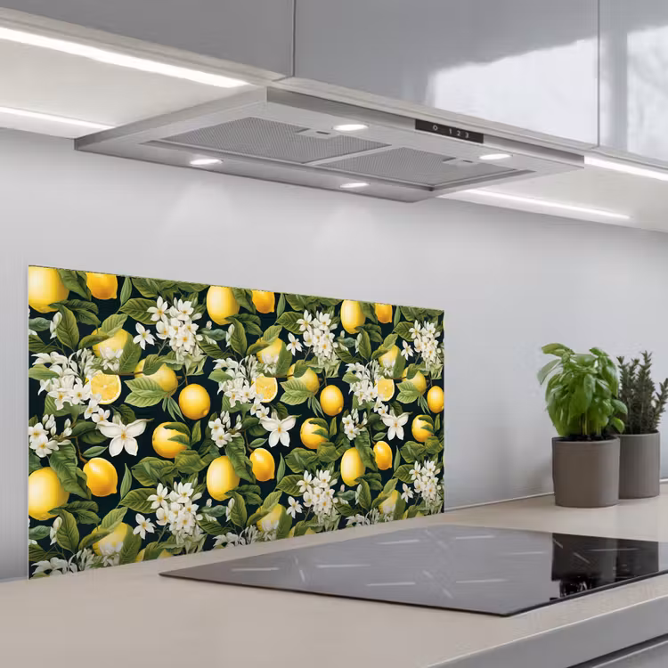 Hangende - Citroenen - Witte - Bloemetjes keuken achterwand spatscherm middel 899 -3d_schuin