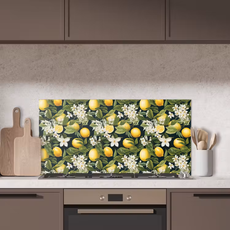 Hangende - Citroenen - Witte - Bloemetjes keuken achterwand spatscherm middel 899 -sfeer2