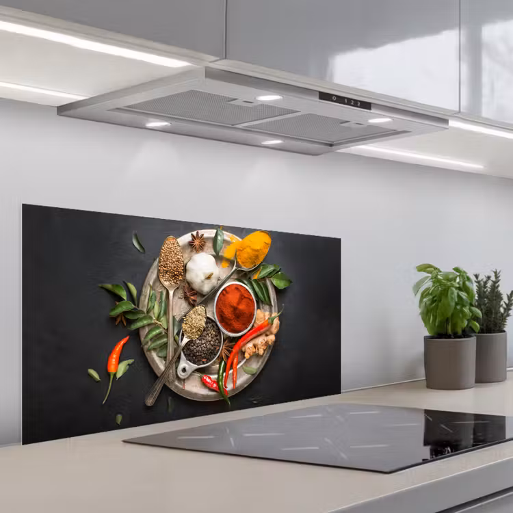 Kruiden - Bord - Peper - Zwart - Lepels - Zilver keuken achterwand spatscherm middel -3d_schuin