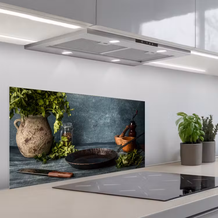 Kruiden - Specerijen - Pan - Mes - Grijs - Rustiek keuken achterwand spatscherm middel -3d_schuin