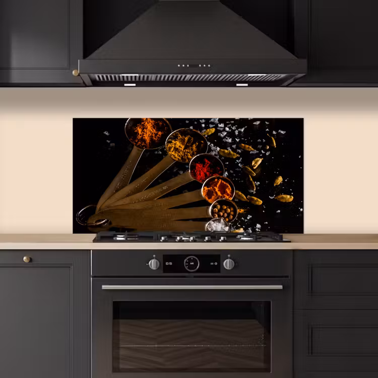 Kruiden - Lepels - Zout - Specerijen - Zwart keuken achterwand spatscherm middel -sfeer1