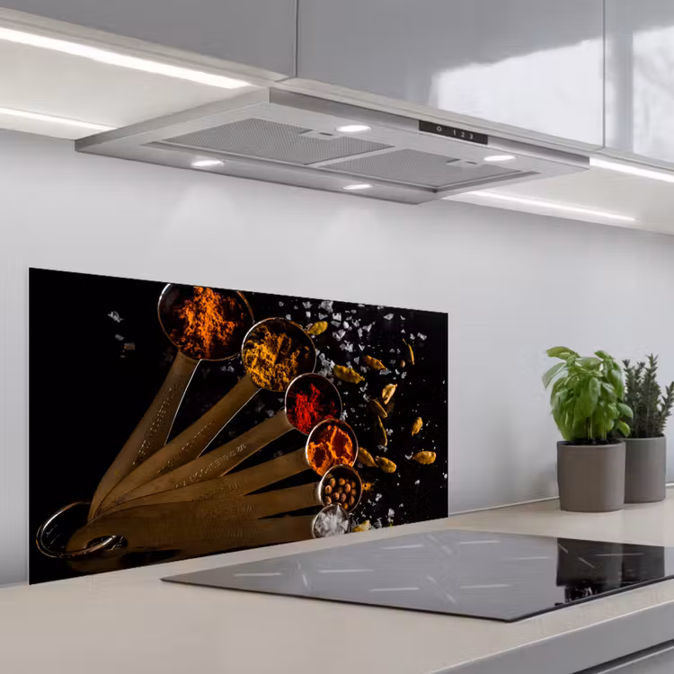 Kruiden - Lepels - Zout - Specerijen - Zwart keuken achterwand spatscherm middel -3d_schuin