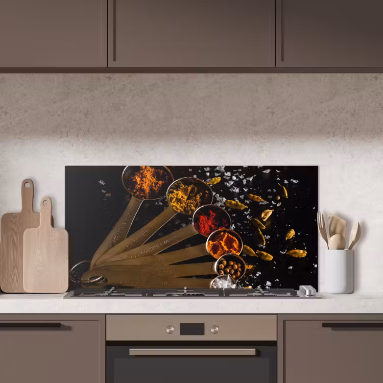 Kruiden - Lepels - Zout - Specerijen - Zwart keuken achterwand spatscherm middel -sfeer2
