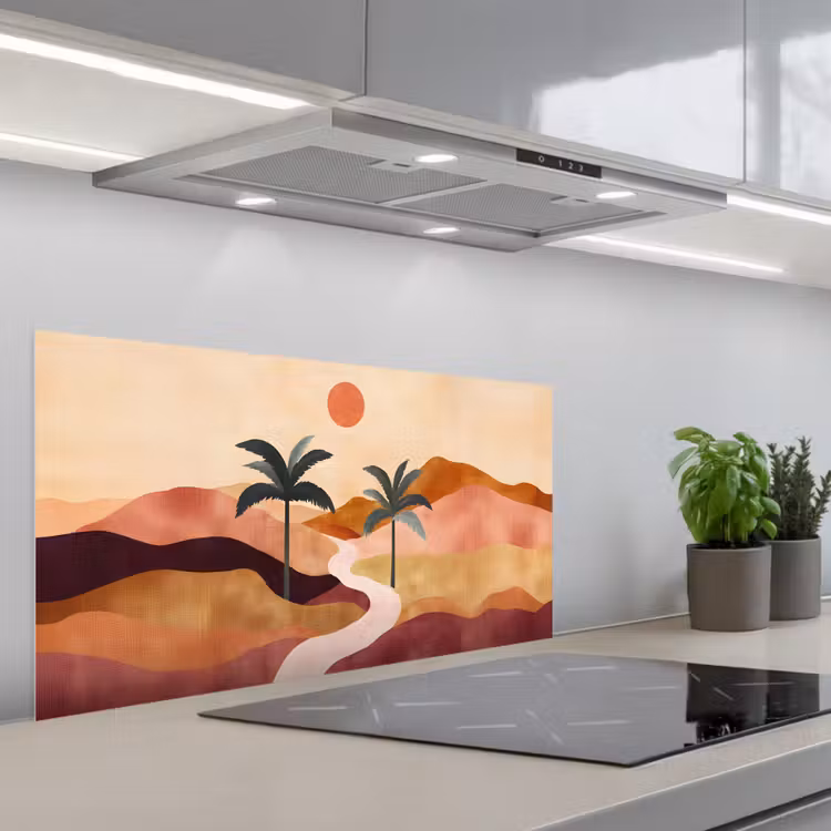 Heuvels - Palmbomen - Abstract keuken achterwand spatscherm middel -3d_schuin