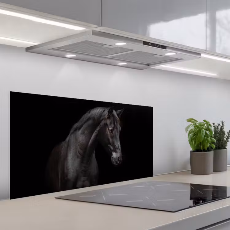 Paard - Dieren - Zwart - Portret keuken achterwand spatscherm middel -3d_schuin
