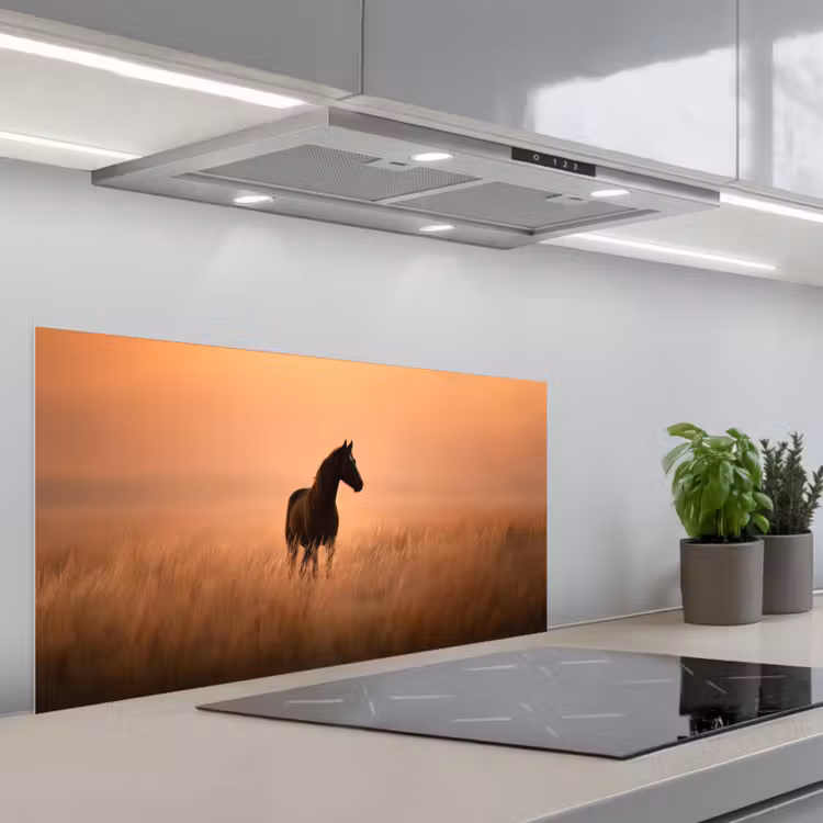 Paard - Grasveld - Zonsondergang keuken achterwand spatscherm middel -3d_schuin