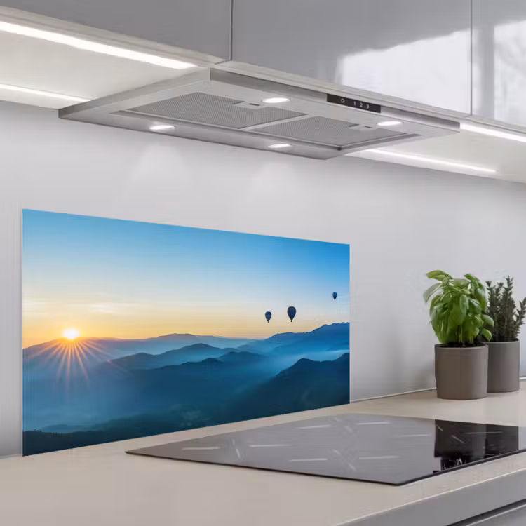 Luchtballonnen - Bergen - Zonsopgang - Landschap keuken achterwand spatscherm middel -3d_schuin