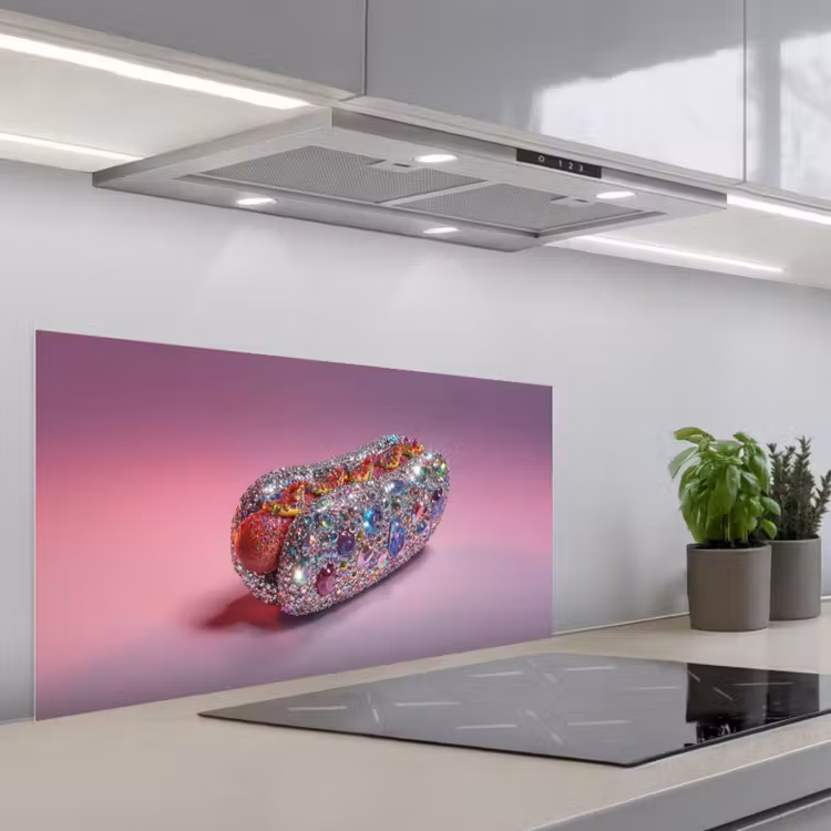 Hotdog - Steentjes - Glitters - Paars keuken achterwand spatscherm middel -3d_schuin