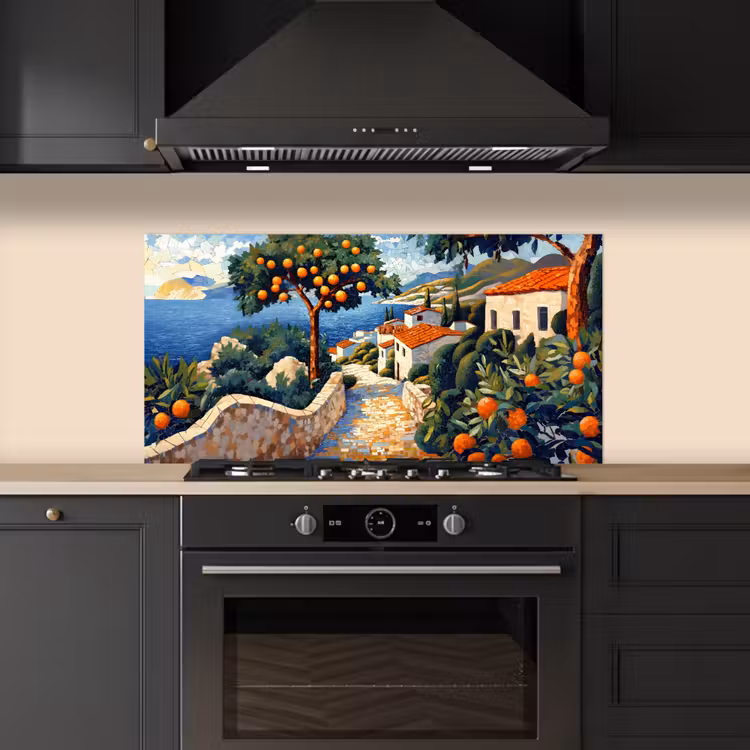 Huizen - Mozaïek - Sinaasappelbomen - Zee keuken achterwand spatscherm middel -sfeer1