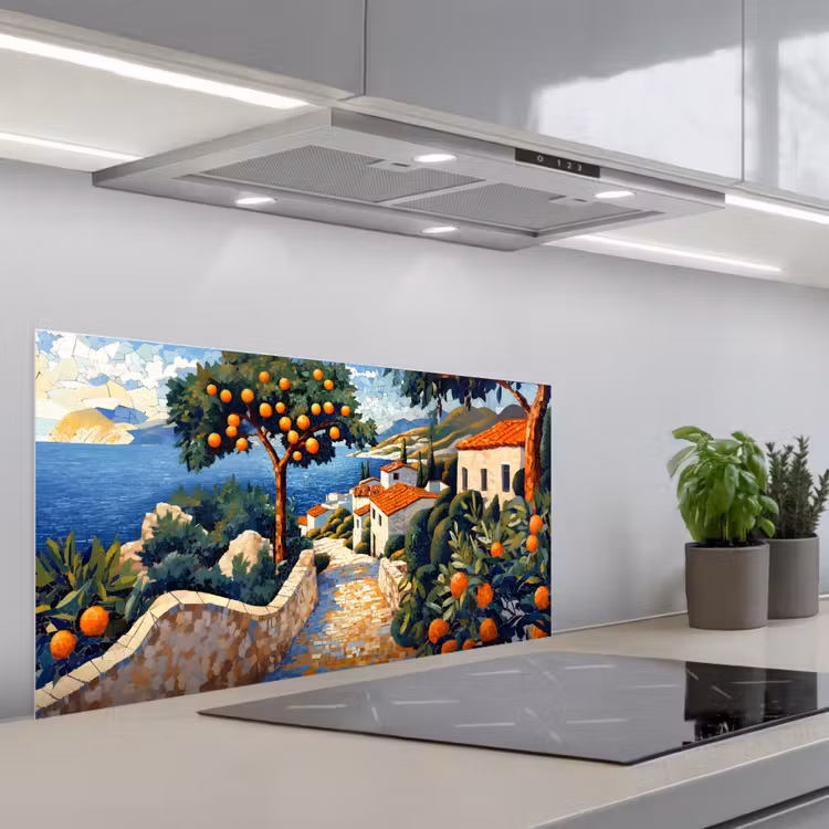Huizen - Mozaïek - Sinaasappelbomen - Zee keuken achterwand spatscherm middel -3d_schuin