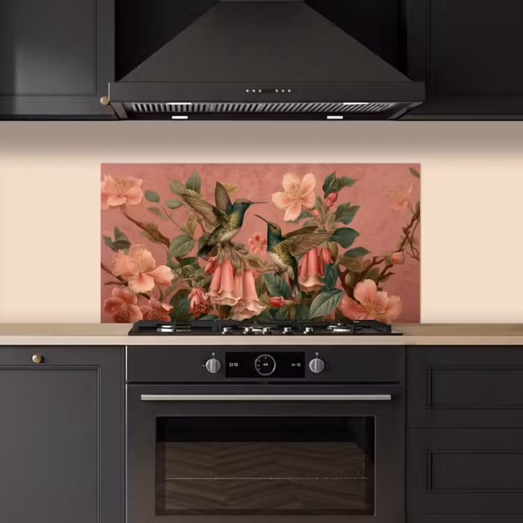 Kolibries - Bloemen - Groen - Roze keuken achterwand spatscherm middel -sfeer1