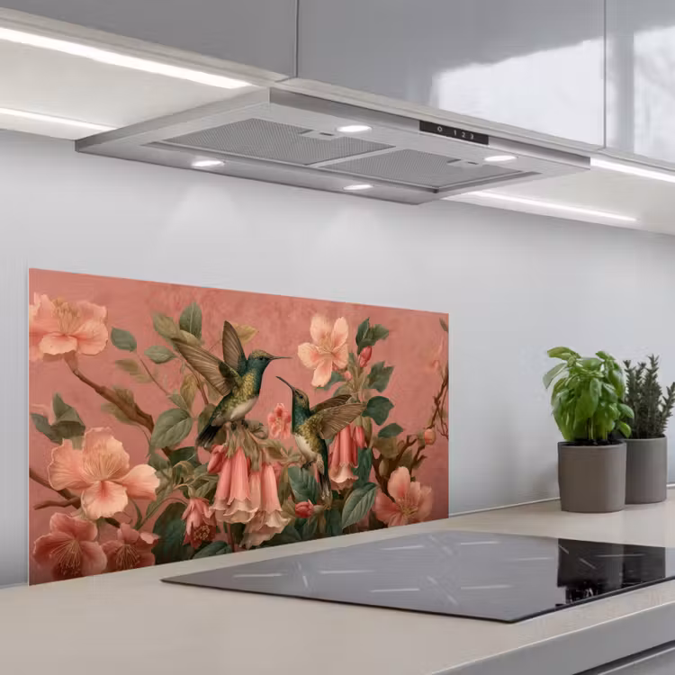 Kolibries - Bloemen - Groen - Roze keuken achterwand spatscherm middel -3d_schuin