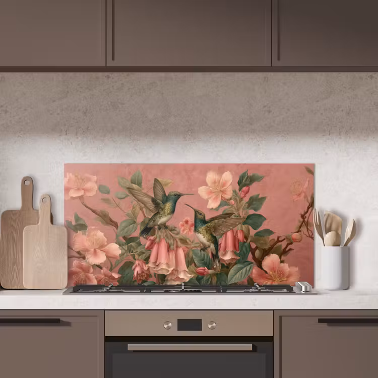 Kolibries - Bloemen - Groen - Roze keuken achterwand spatscherm middel -sfeer2