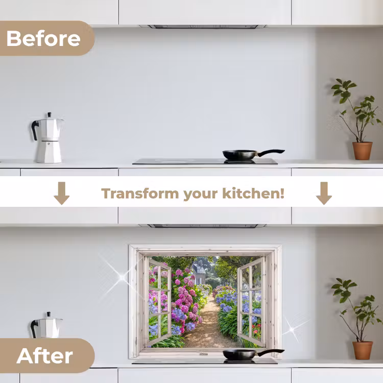 Hortensia - Doorkijk - Bloemen - Zomer - Paars - Pad keuken achterwand spatscherm middel -voor_na_EN