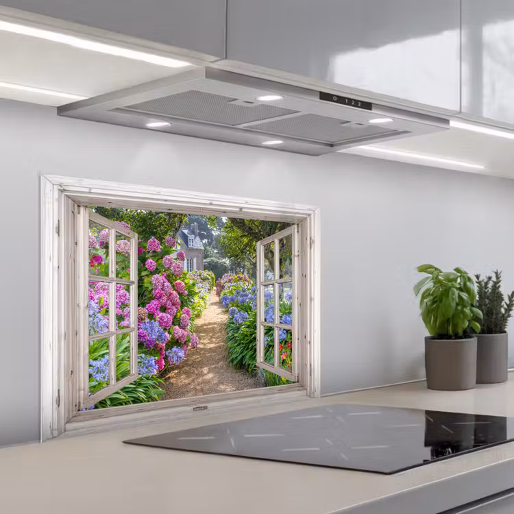 Hortensia - Doorkijk - Bloemen - Zomer - Paars - Pad keuken achterwand spatscherm middel -3d_schuin