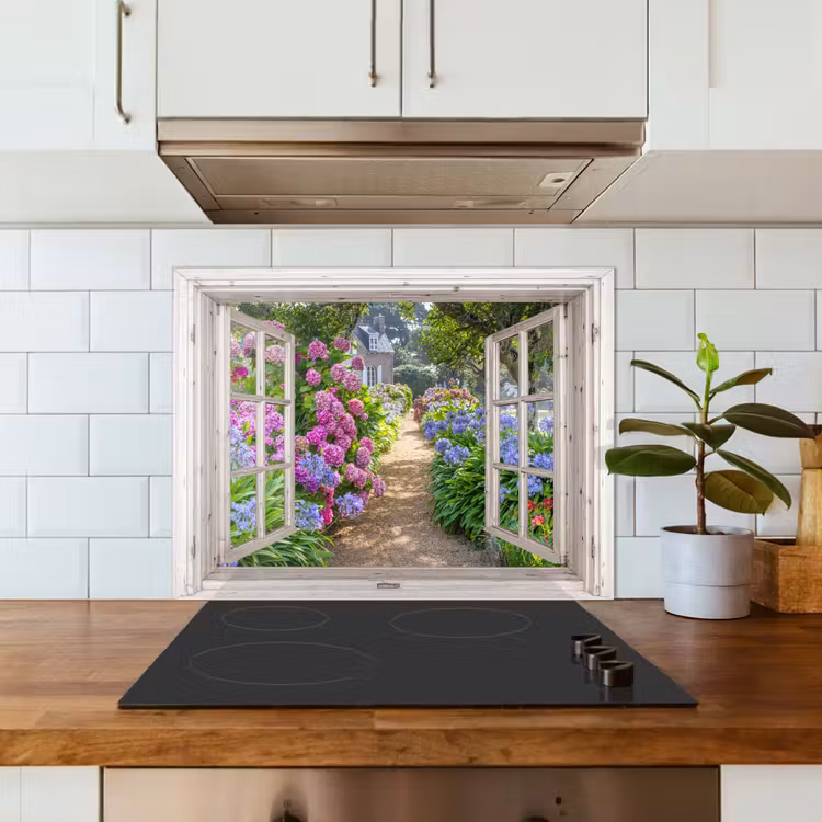 Hortensia - Doorkijk - Bloemen - Zomer - Paars - Pad keuken achterwand spatscherm middel -sfeer2